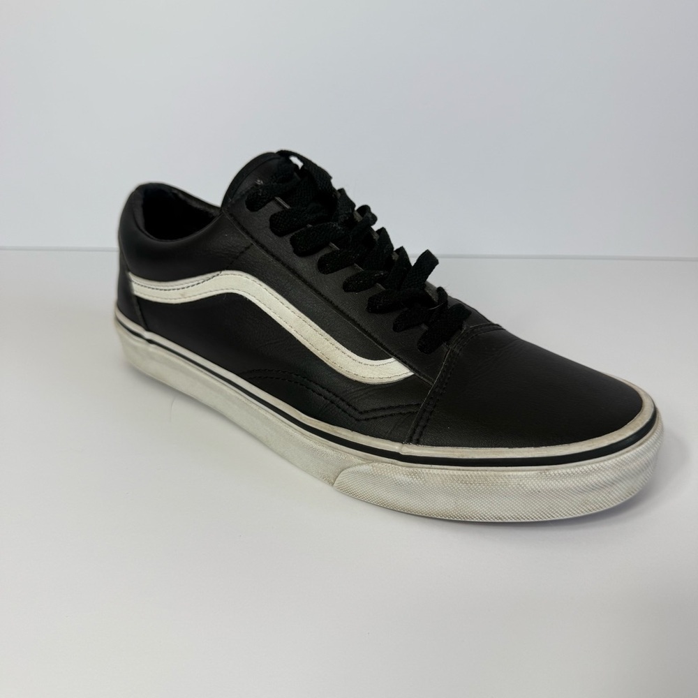 Vans Old Skool Black Leather White Stripe Sneakers Men 9.5 Women 11